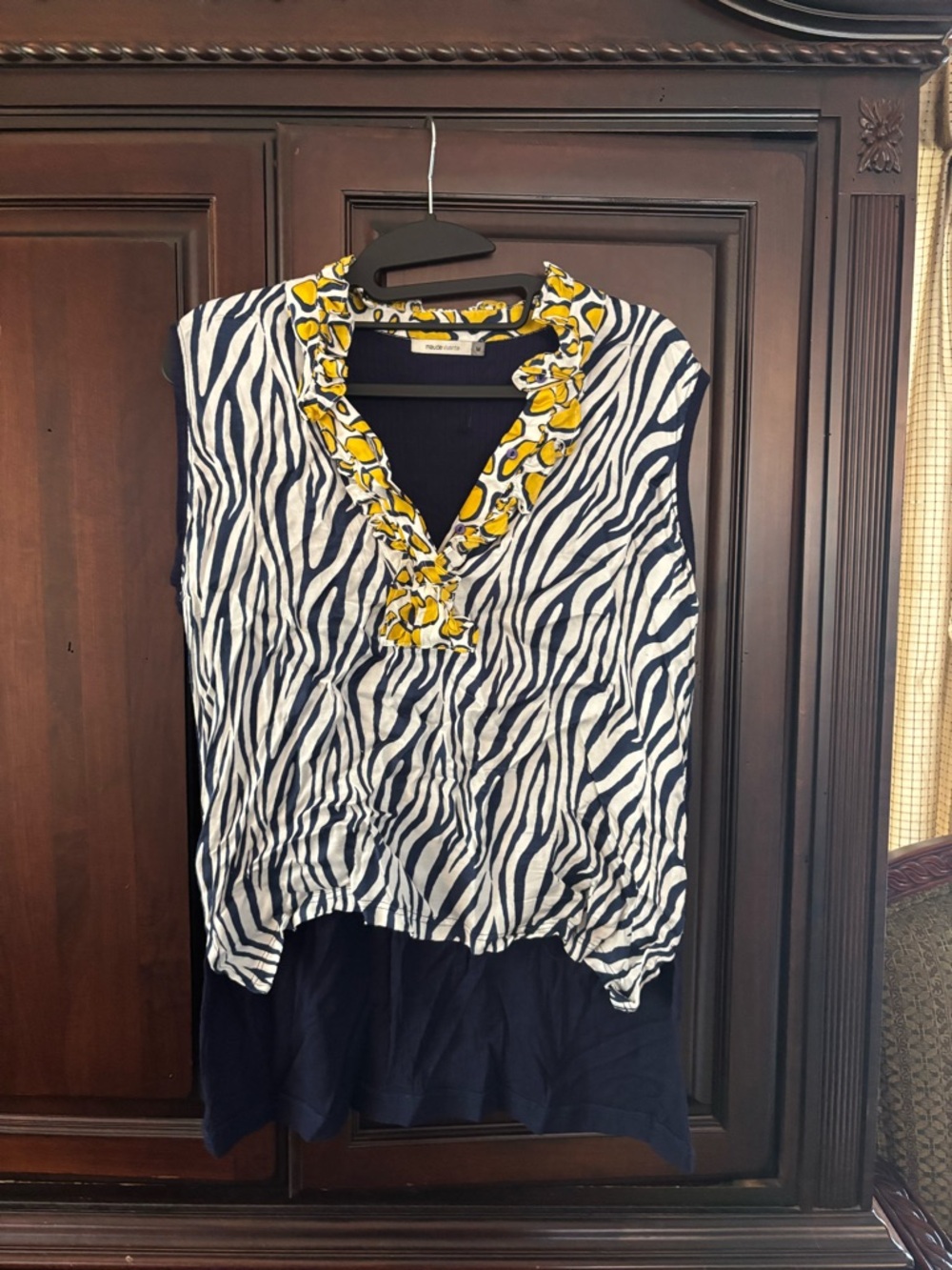 Maude Vivantw  Navy Zebra-Print Ruffle V-Neck Tank with Yellow Trim